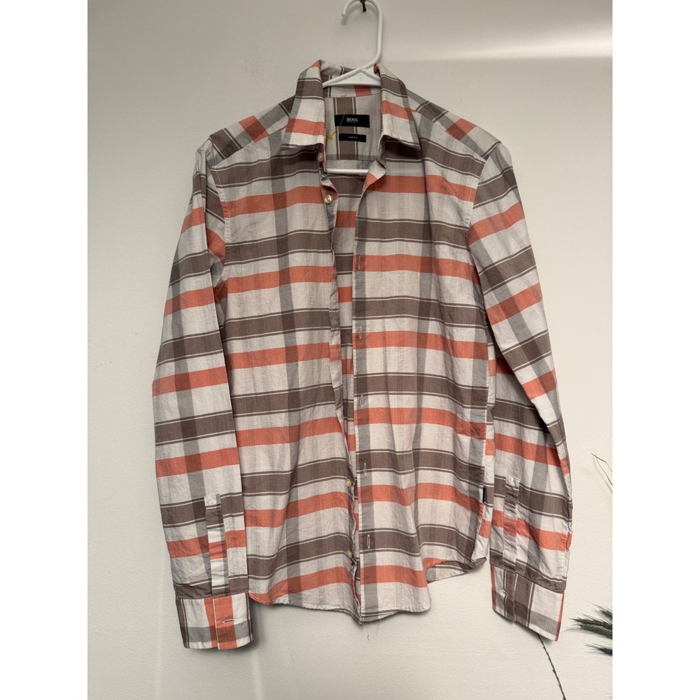 BOSS Hugo Boss Slim Fit Plaid Button Down Shirt Orange Brown White Textured L/S‎